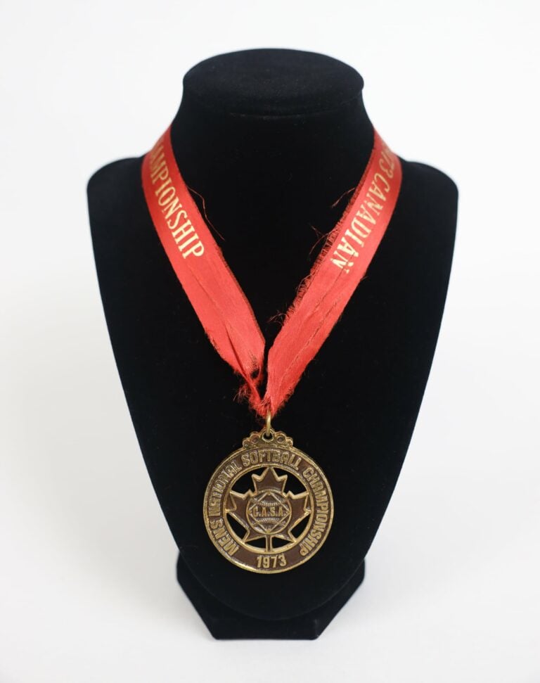 Medal awarded to Charles Leeming as a member of the Richmond Hill “Dynes’ Jewellers” Fastball Team who won the Canadian Senior Men’s Softball championship in 1973.